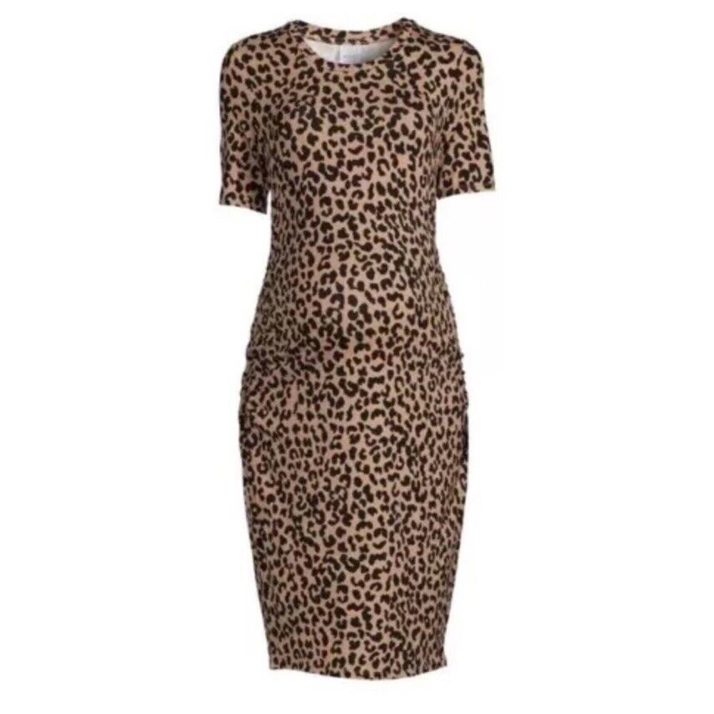 Time and Tru Women’s Maternity Ruched Dress Short Sleeve-LEOPARD Large‎ 12/14